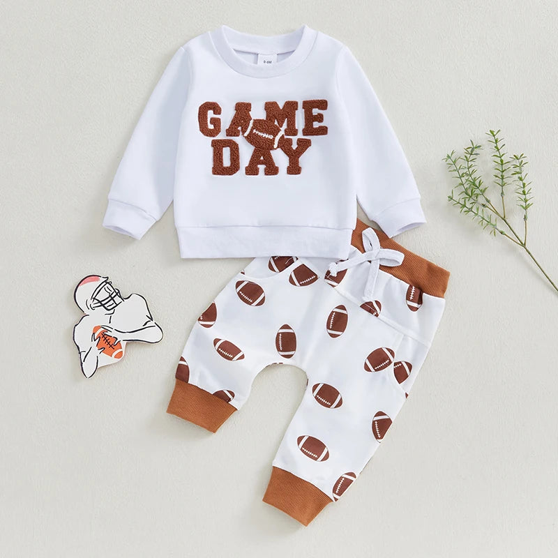 Baby Toddler Boys Girls 2Pcs Football Outfit GAME DAY Long Sleeve Letter Embroidery Top + Pants Jogger Set