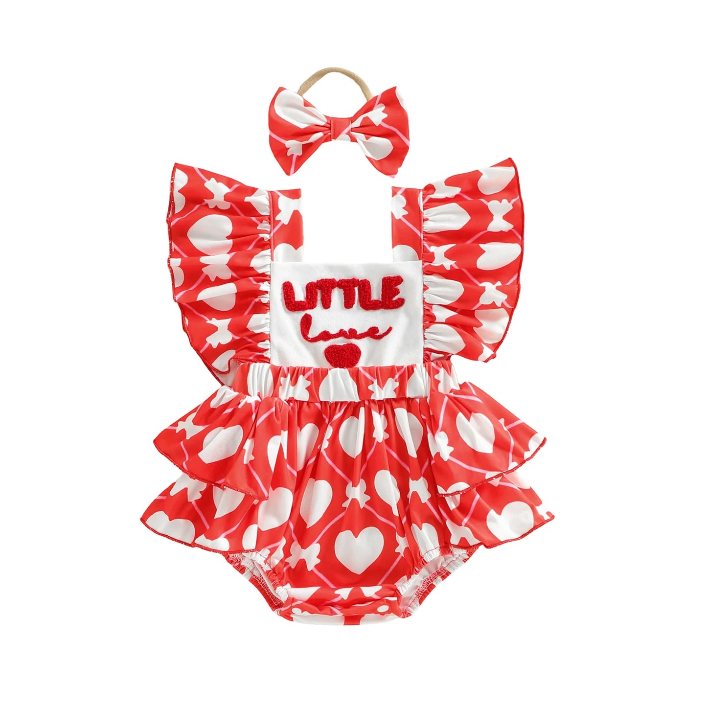 Baby Girls 2Pcs Little Love Valentine's Day Romper Flutter Sleeve Letter Embroidery Heart Print Jumpsuits with Bow Headband Set