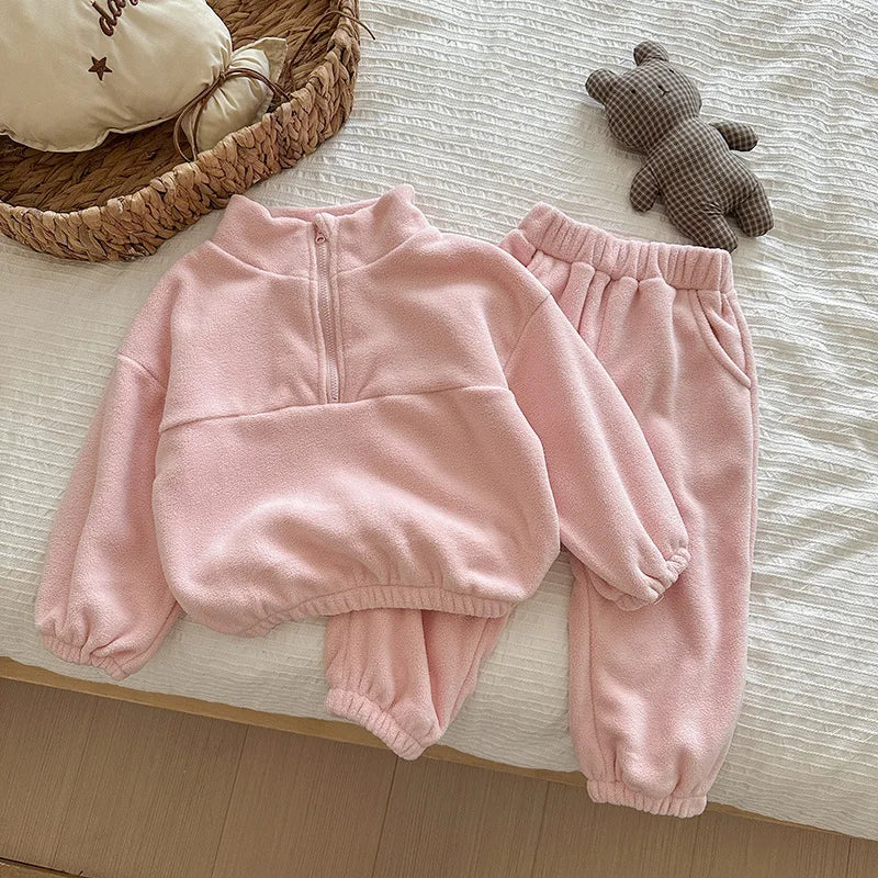 Toddler Kid Boy Girl 2Pcs Clothes Set Fleece Pullover Top Pant Suit Casual Warm Thick Winter Two Piece Jogger Set