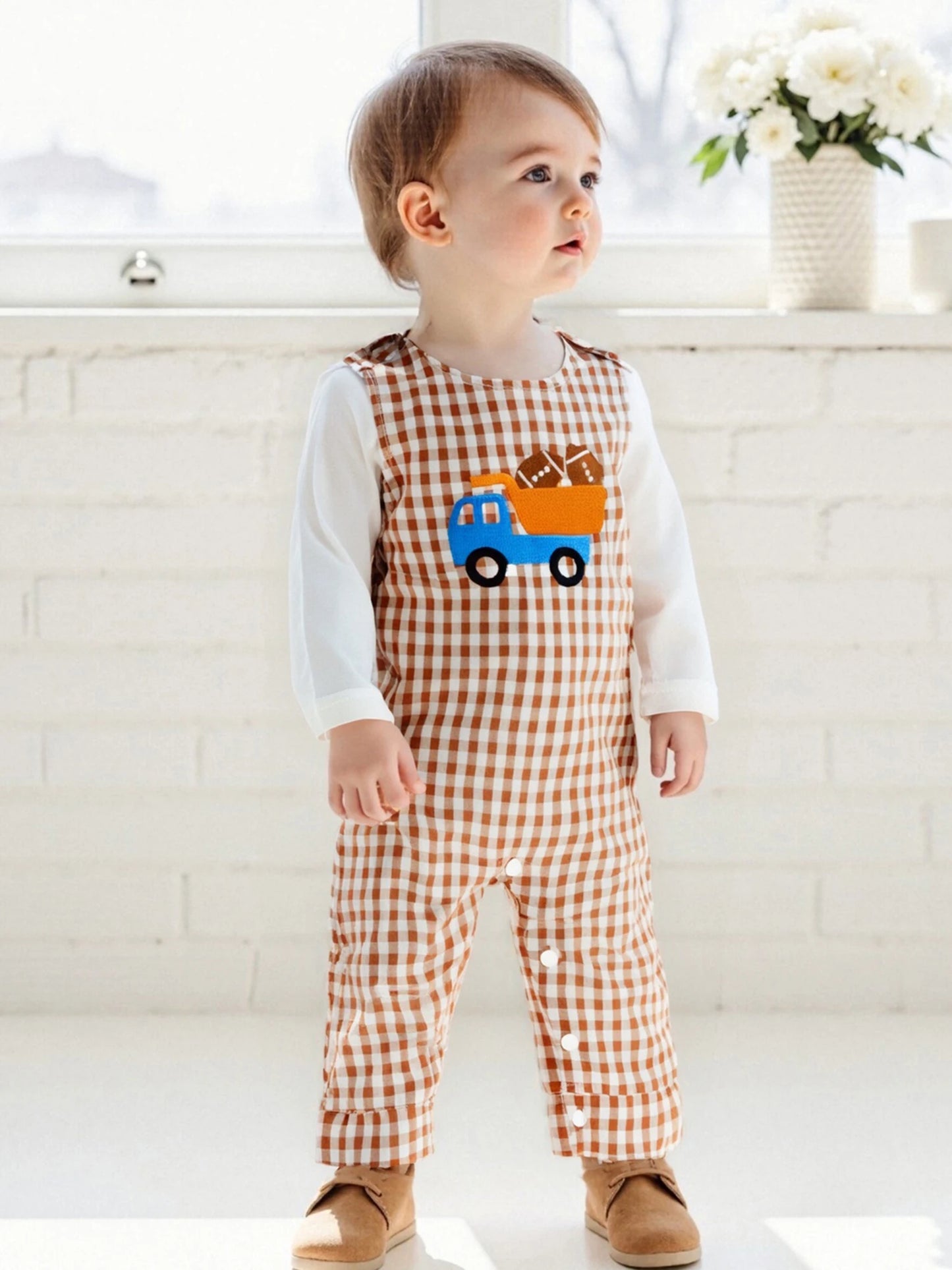 Baby Boy 2Pcs Fall Outfit Crew Neck Long Sleeve Romper and Truck Football Embroidery Plaid Overall Pants Set