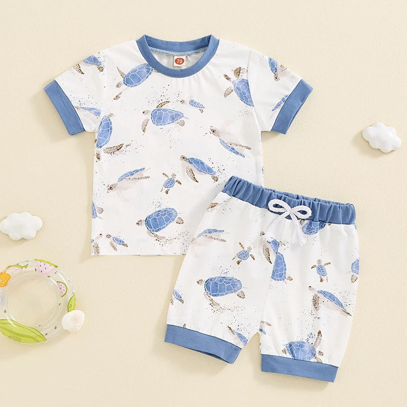 Baby Toddler Boys 2Pcs Summer Outfit Ocean Turtle Print Short Sleeve Top Elastic Waist Shorts Clothes Set