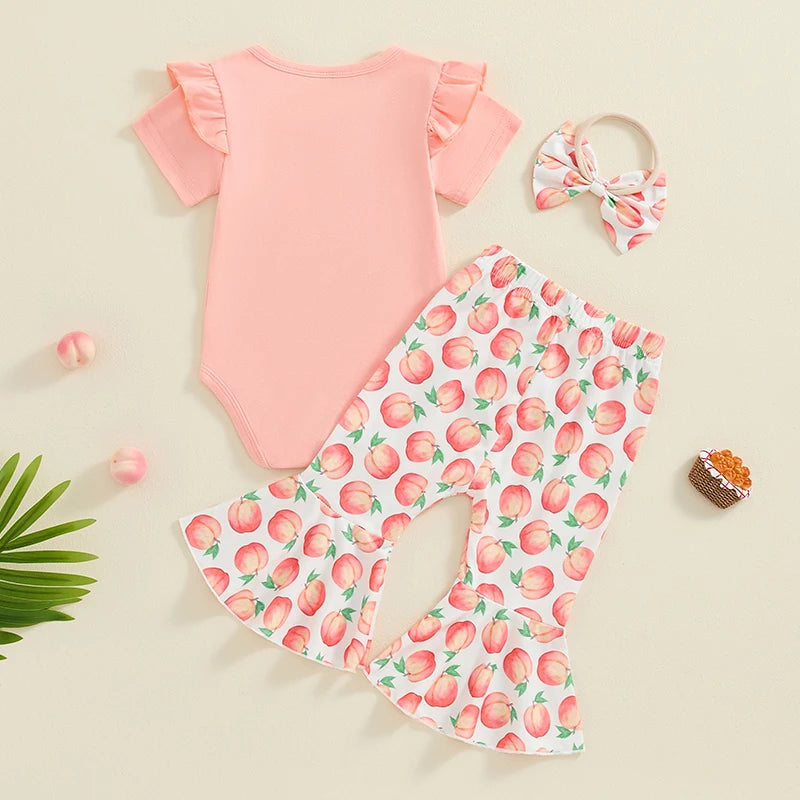 Baby Girls 3Pcs ONE Birthday Outfit Peach Print Short Sleeve Romper and Flare Long Pants Headband Set