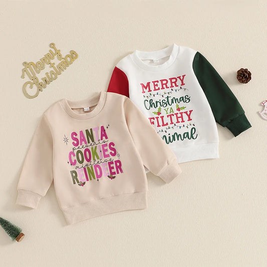 Baby Toddler Girls Boys Christmas Letter Santa Cookies Reindeer / Merry Christmas Ya Filthy Animal Long Sleeve Pullover Patchwork Top