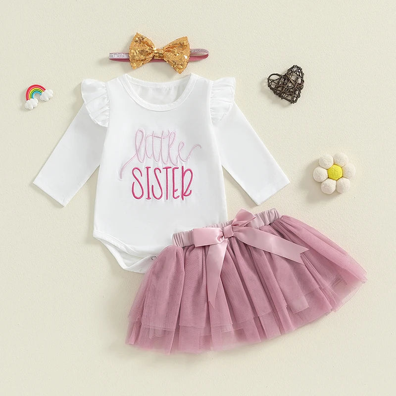 Baby Girls 3Pcs Little Sister Outfit Ruffle Shoulder Letter Embroidery Long Sleeve Romper Tulle Tutu Skirt Headband Set