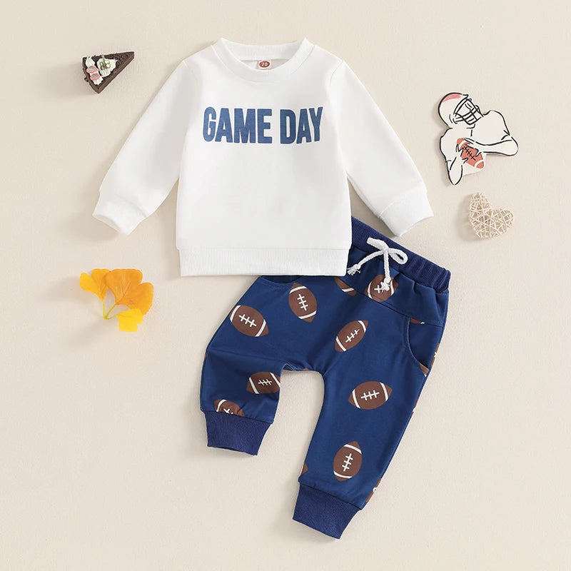 Baby Toddler Boys 2Pcs Game Day Autumn Outfit Long Sleeve Letter Print Pullover Tops Football Print Long Pants Set