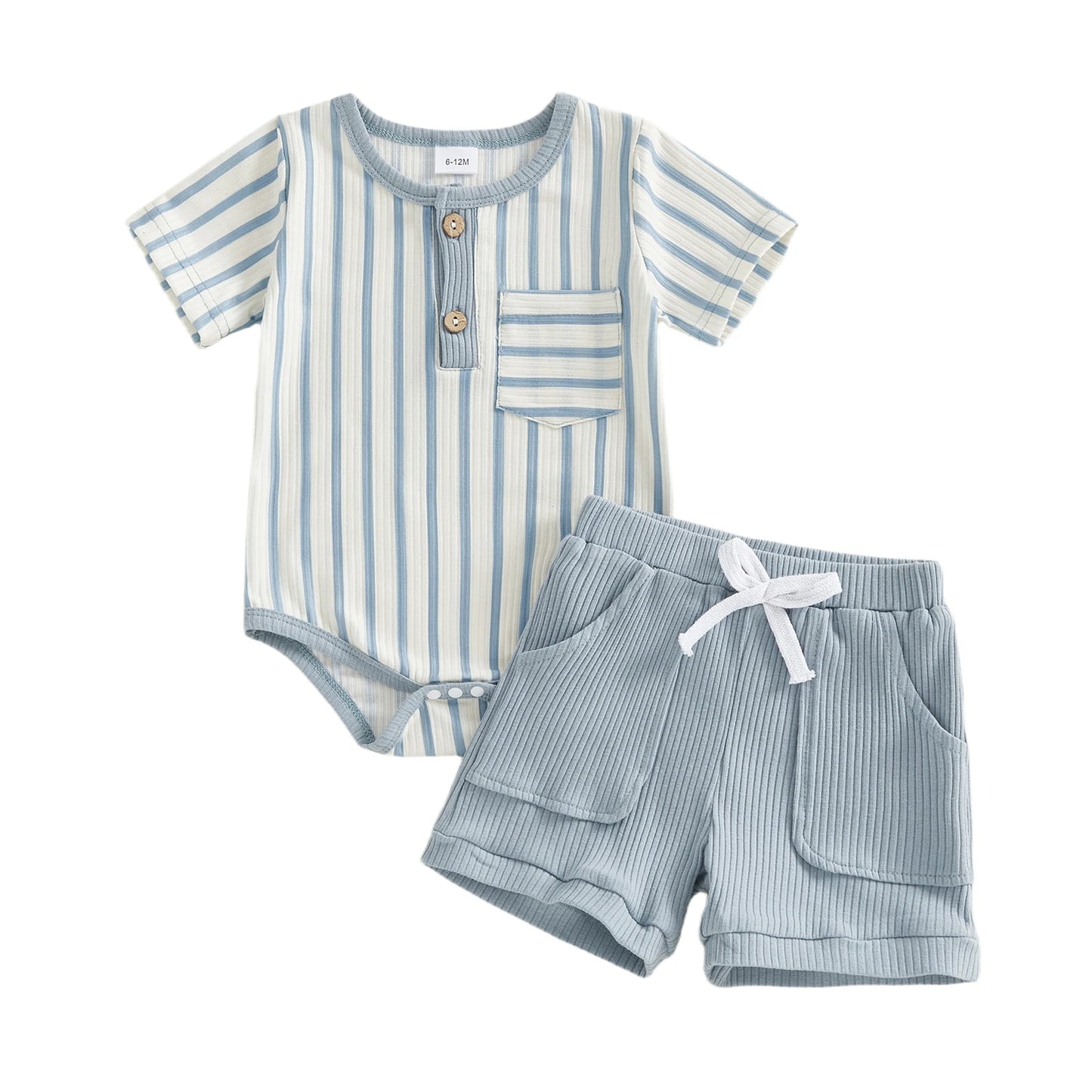 Baby Toddler Boys 2Pcs Summer Outfits Short Sleeve Stripes Print Romper Shorts Set