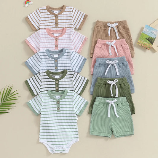 Baby Boy Girl 2Pcs Striped Short Sleeve Ribbed Romper Button Collar Elastic Shorts Set Outfits