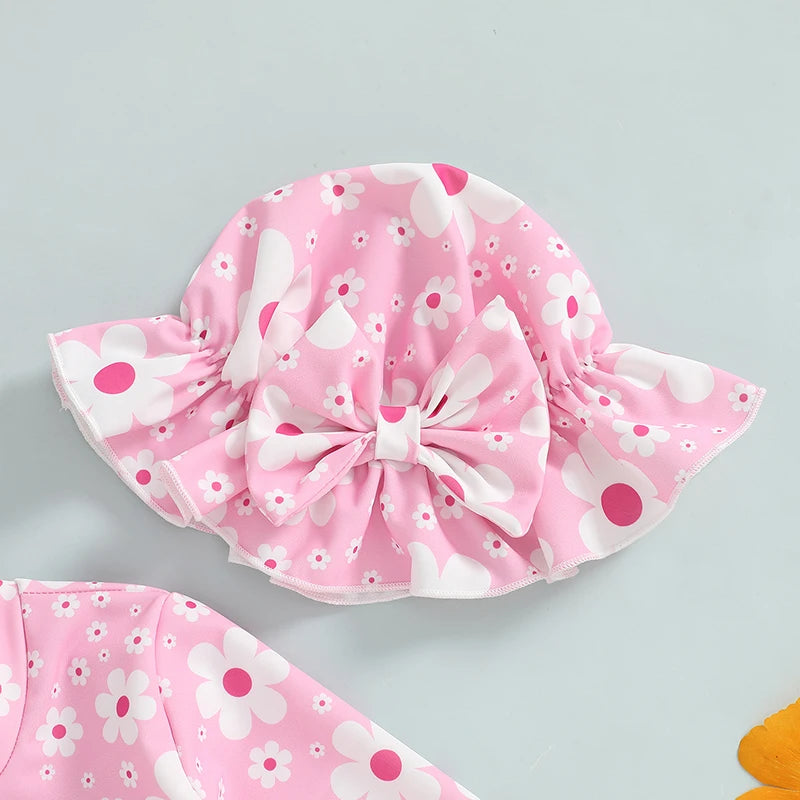 Baby Toddler Girls 2Pcs Swimsuit Long Sleeve Floral/Bow Print Ruffles Bathing Suit Swimwear with Swim Cap Set