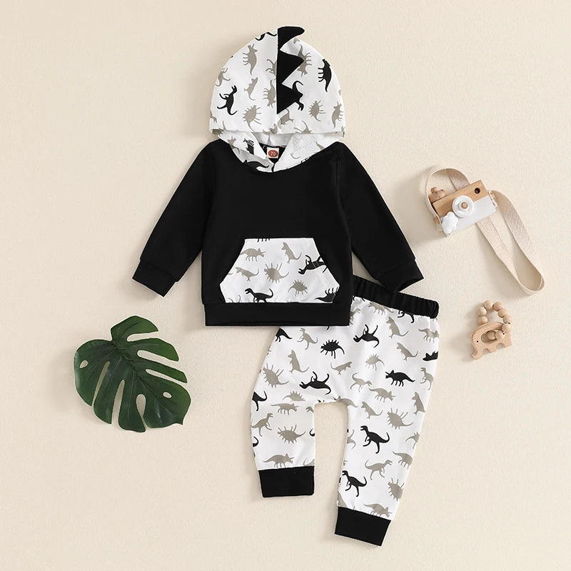 Baby Toddler Boys 2Pcs Fall Clothes Dinosaur Print Long Sleeve Hooded Top  with Elastic Waist Pants Outfit Set