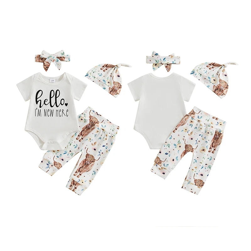 Baby Girls 4Pcs Outfit Hello I'm New Here Letter Print Short Sleeve Romper and Floral Cow Pants Headband Beanie Hat Set