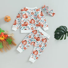 Load image into Gallery viewer, Baby Toddler Girl 3Pcs Halloween Outfit Pumpkin Flower Print Long Sleeve Top Pants
