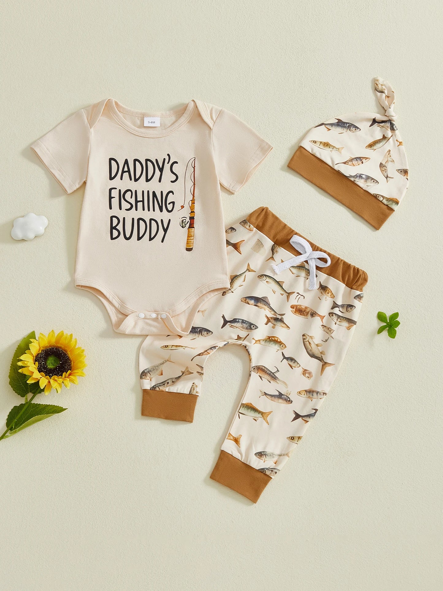 Baby Boy 3Pcs Daddy's Fishing Buddy Summer Outfit Crew Neck Short Sleeve Letters Print Romper Elastic Waist Pants and Hat Set