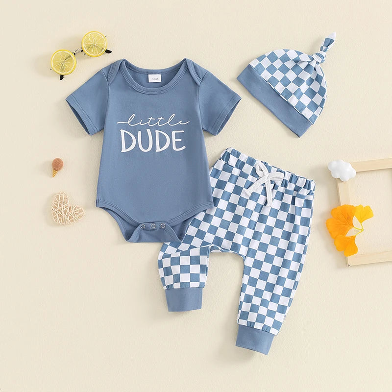 Baby Boys 3Pcs Outfit Daddy's Little Dude Letter Print Crew Neck Short Sleeve Romper Checkerboard Print Long Pants Hat Set