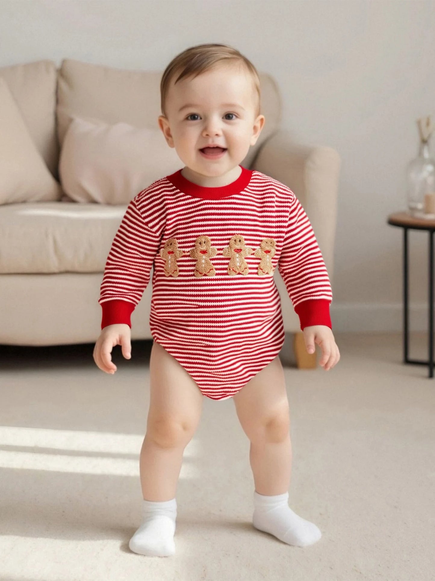 Baby Girls Boys Striped Romper Fashionable Christmas Gingerbread Embroidery Round Neck Long Sleeve Jumpsuit