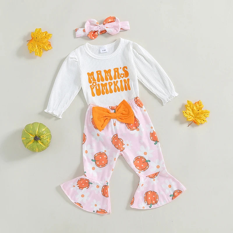 Baby Girls 3Pcs Mama's Pumpkin Halloween Outfit Letter Print Long Sleeve Romper and Pumpkin Print Flared Pants Headband Set