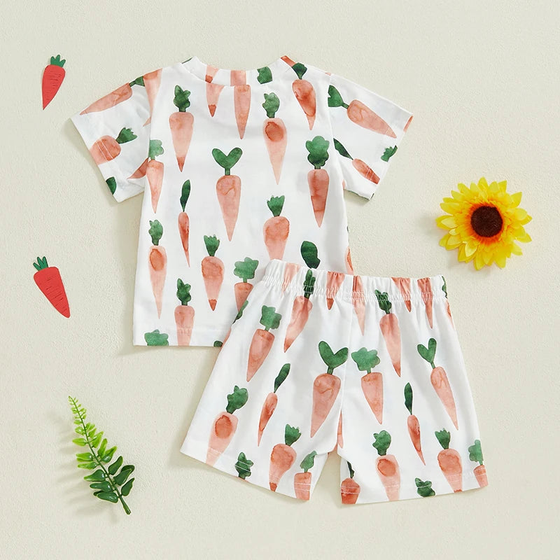 Baby Toddler Boys 2Pcs Easter Set Adorable Carrot Print Short Sleeve Round Neck Top Elastic Waistband Shorts Outfit