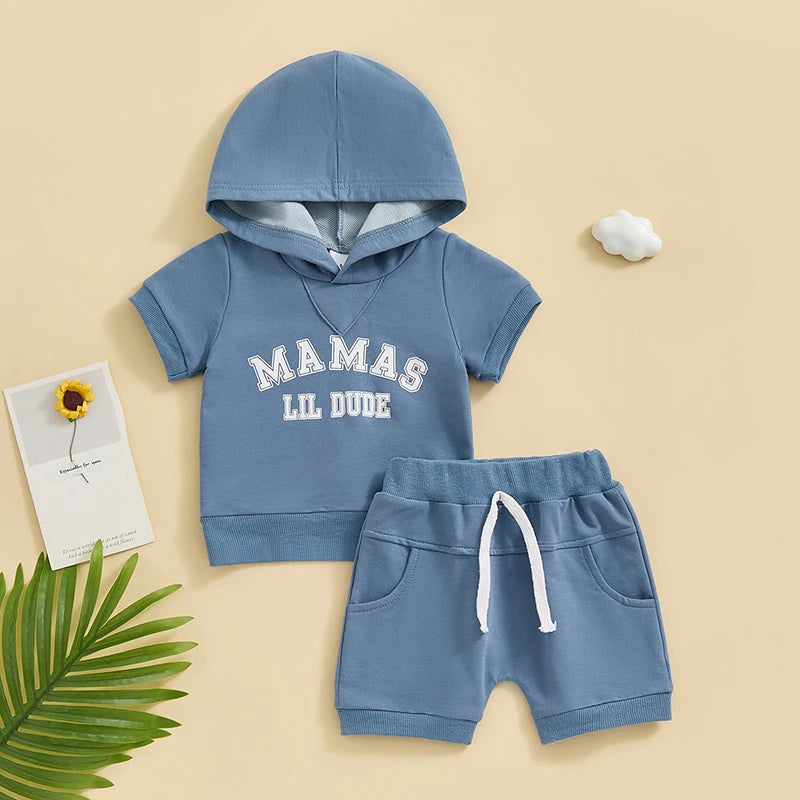 Toddler Baby Boy Girl 2Pcs Daddy's Girl / Mama's Lil Dude / Auntie's Bestie Letter Print Short Sleeve Hooded Top Solid Shorts Outfit Set