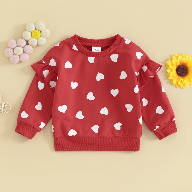 Baby Toddler Girl Valentine's Day Long Sleeve Ruffle Heart Print Pullover Top