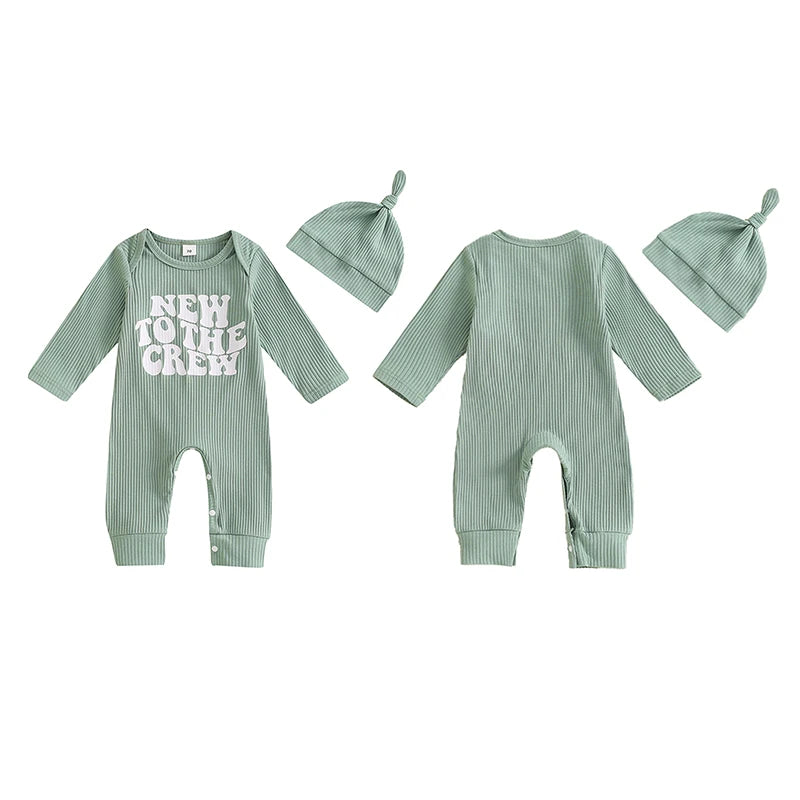 Baby Girl Boy 2Pcs New To The Crew Fall Romper Letter Ribbed Long Sleeve Full Length Jumpsuit Hat Clothes Outfit Set