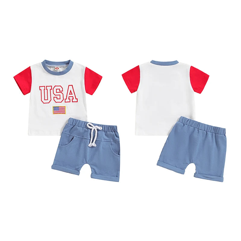 Baby Toddler Boys 2Pcs USA 4th of July Outfit Letter Flag Embroidery Contrast Color Short Sleeve Top and Shorts Clothes Set