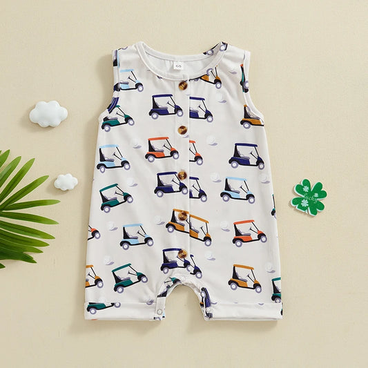 Baby Girls Boys Romper Golf Cart Print Sleeveless Button Up Crew Neck Jumpsuit