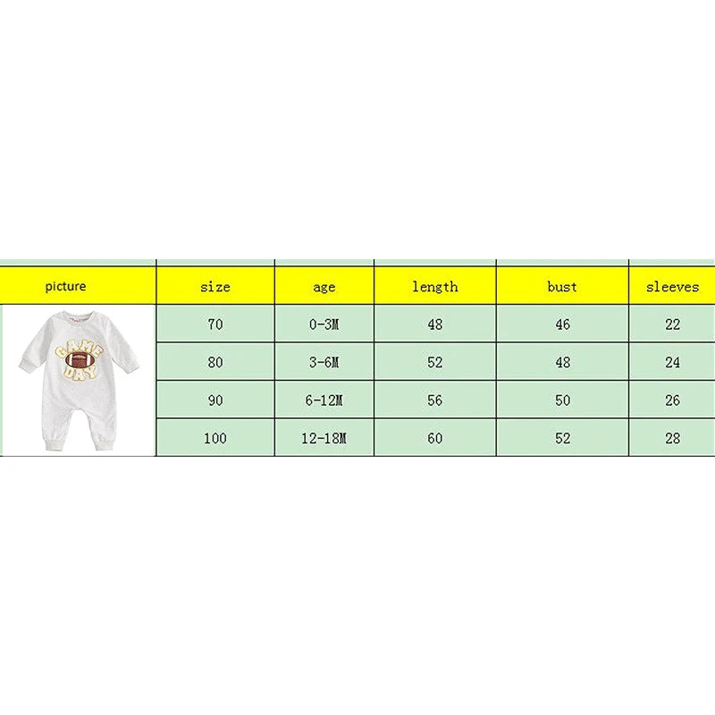 Baby Girl Boy Fall Romper GAME DAY Letter Football Embroidery Long Sleeve Full Length Jumpsuit