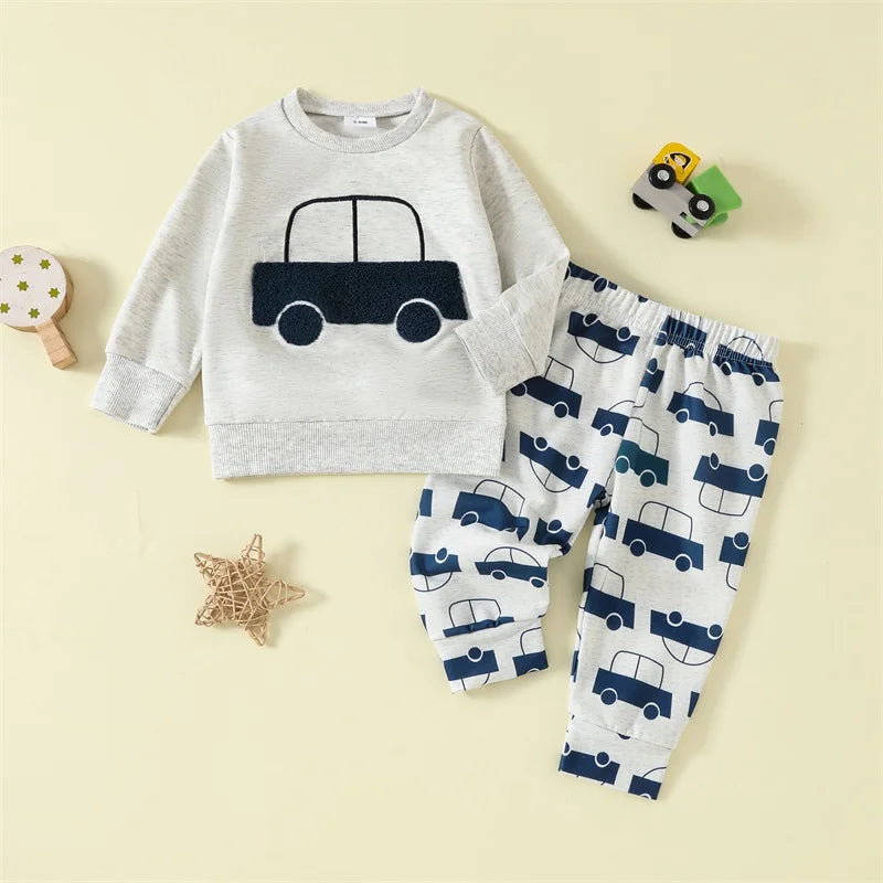 Baby Toddler Boys 2Pcs Outfit Car Tractor Embroidery Long Sleeve Pullover Crewneck Top Elastic Waist Pants Jogger Set