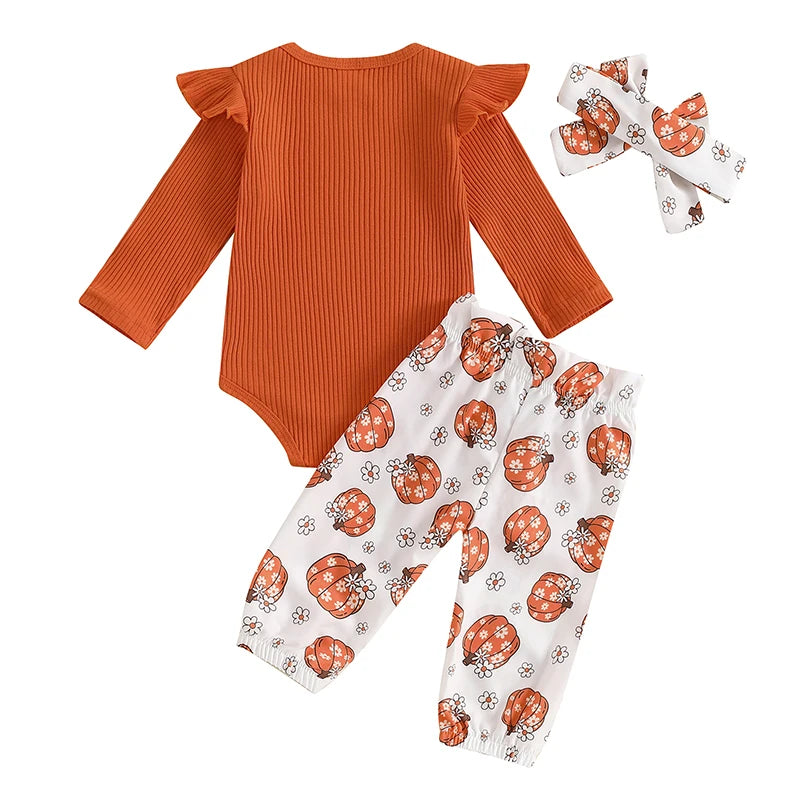 Baby Girls 3Pcs Halloween Outfit Ribbed Long Sleeve Frill Sleeve Romper and Elastic Pumpkin Flower Print Pants Headband Set