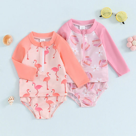 Baby Toddler Girls 2Pcs Two Piece Swimsuits Long Sleeve Seashell/Bird Flamingo Print Bathing Suit Summer Swimwear