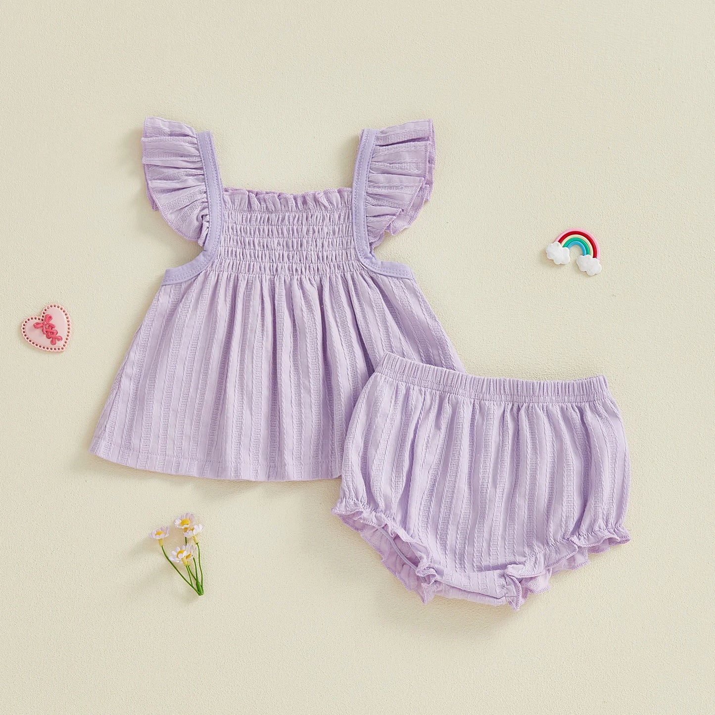 Baby Girls 2Pcs Spring Summer Outfit Flying Sleeve A-line Tops Ruffle Trim Shorts Set