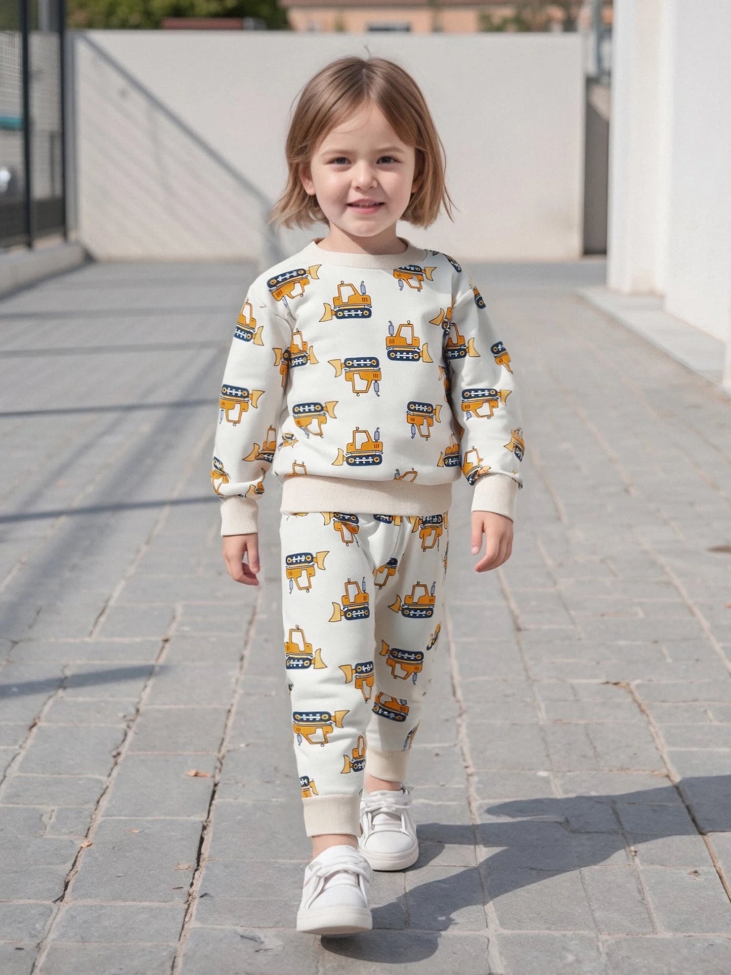 Baby Toddler Boys 2Pcs Autumn Sets Long Sleeve O Neck Excavator Print Top Drawstring Pants Jogger Set