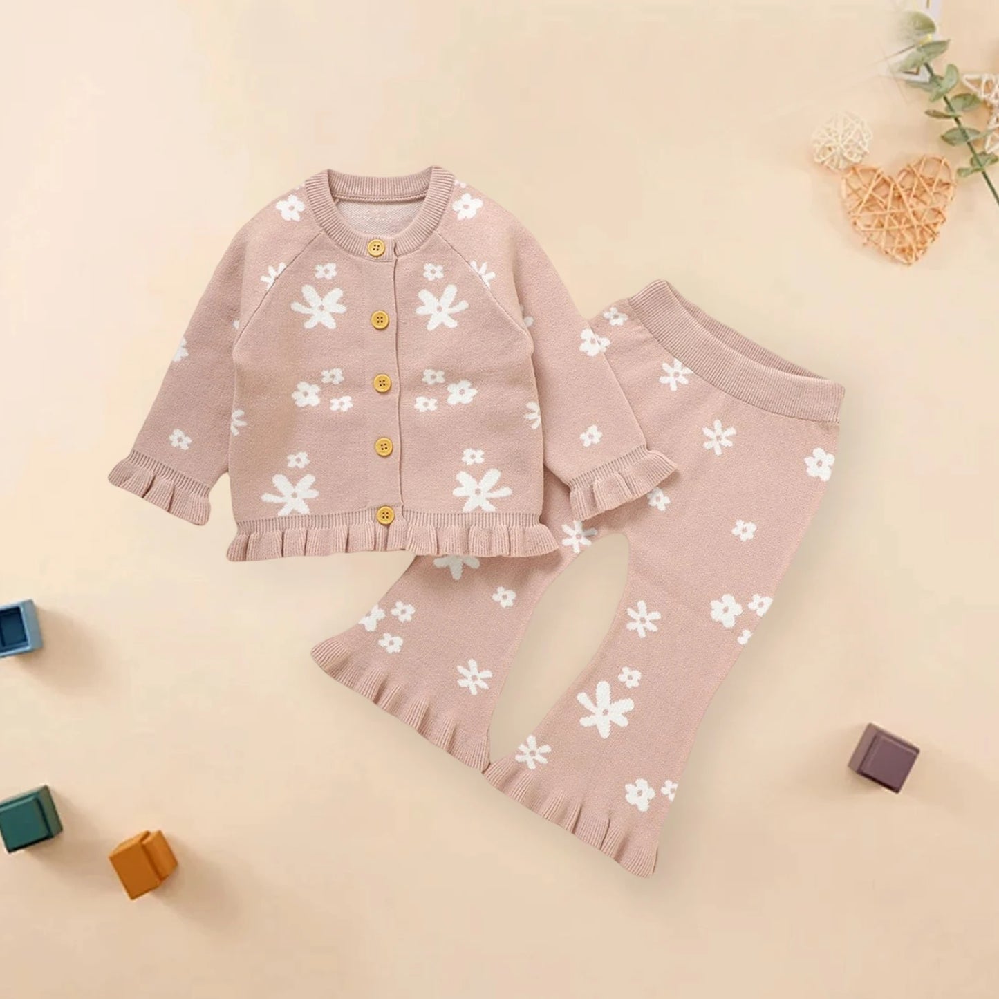 Baby Toddler Girl 2Pcs Fall Outfits Long Sleeve Floral Print Knit Cardigan Tops Flare Pants Set Toddler Clothes