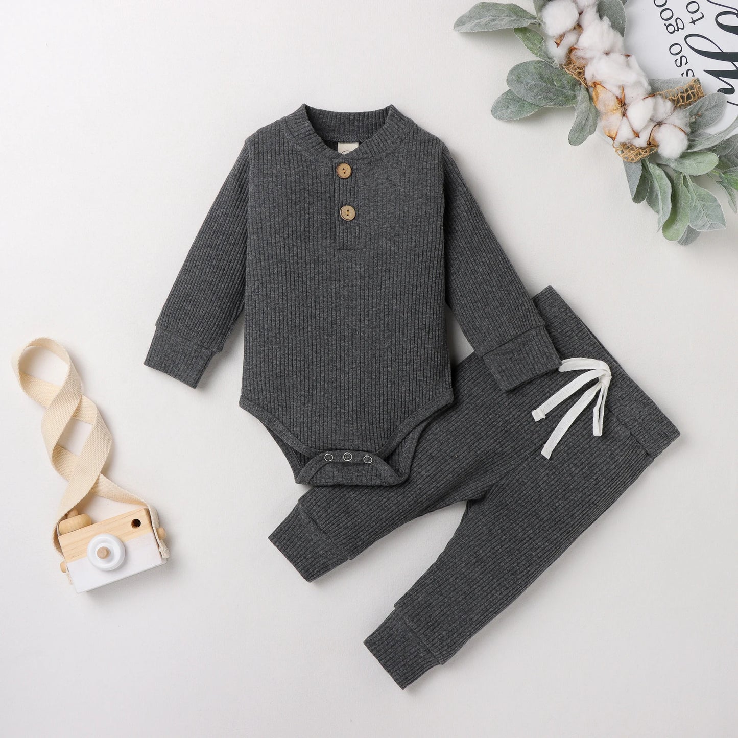 Baby Toddler Girl Boy 2Pcs Autumn Ribbed Clothes Sets Long Sleeve Bodysuits + Elastic Pants 2PCs Outfit