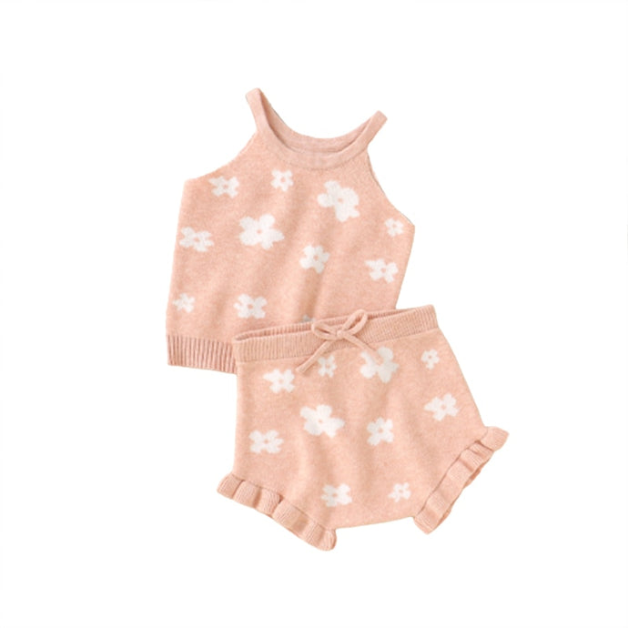 Baby Toddler Girls 2Pcs Summer Outfit Sets Tank Top Knit Floral Drawstring Shorts