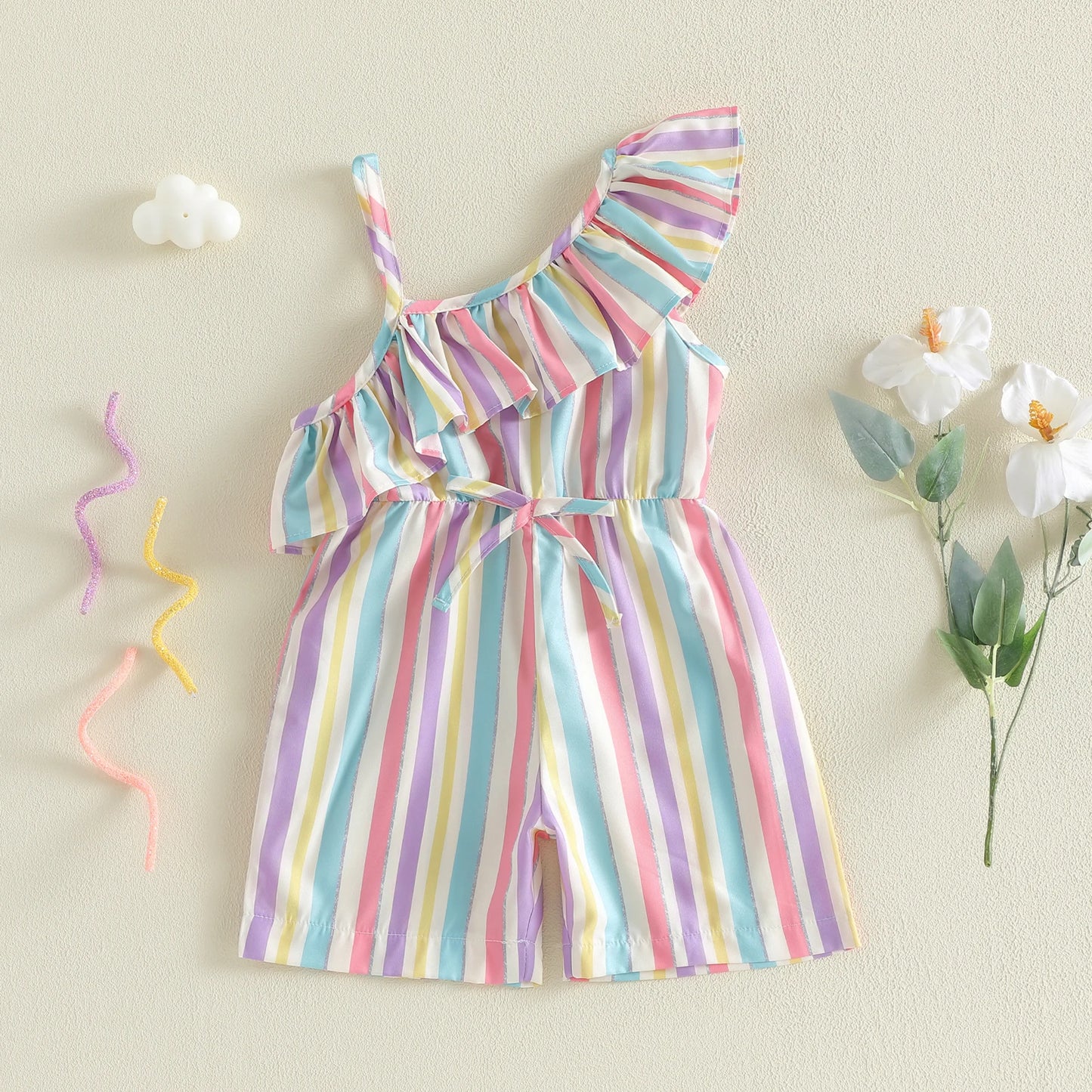 Toddler Kids Girls Summer Romper Fashionable Striped Off One Shoulder Asymmetrical Neck Sleeveless Belted Jumpsuit