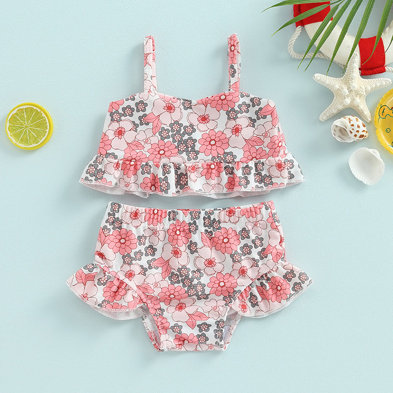 Baby Toddler Girls 2Pcs Bikini Sets Scale/Shell/Floral Print Sleeveless Tank Top and Bottoms Bathing Suit Set