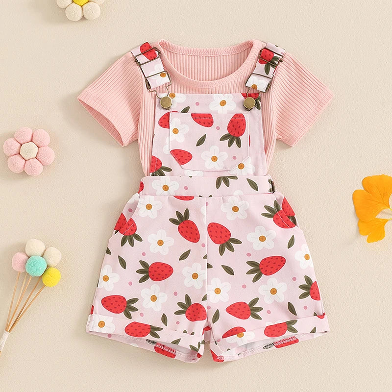 Toddler Kids Girls 2Pcs Summer Outfit Solid Color Ribbed Short Sleeve Top and Flower Strawberry Print Suspender Shorts Overalls Set