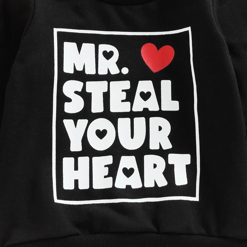 Baby Toddler Kids Boy Valentine's day Long Sleeve Mr. Steal Your Heart Letter Print Pullover Tops