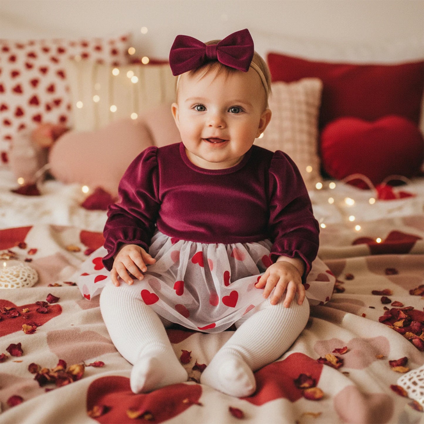 Baby Girls 2Pcs Valentine's Day Romper Dress Long Sleeve Heart Print Tulle Skirt Jumpsuits Headband Bow Set