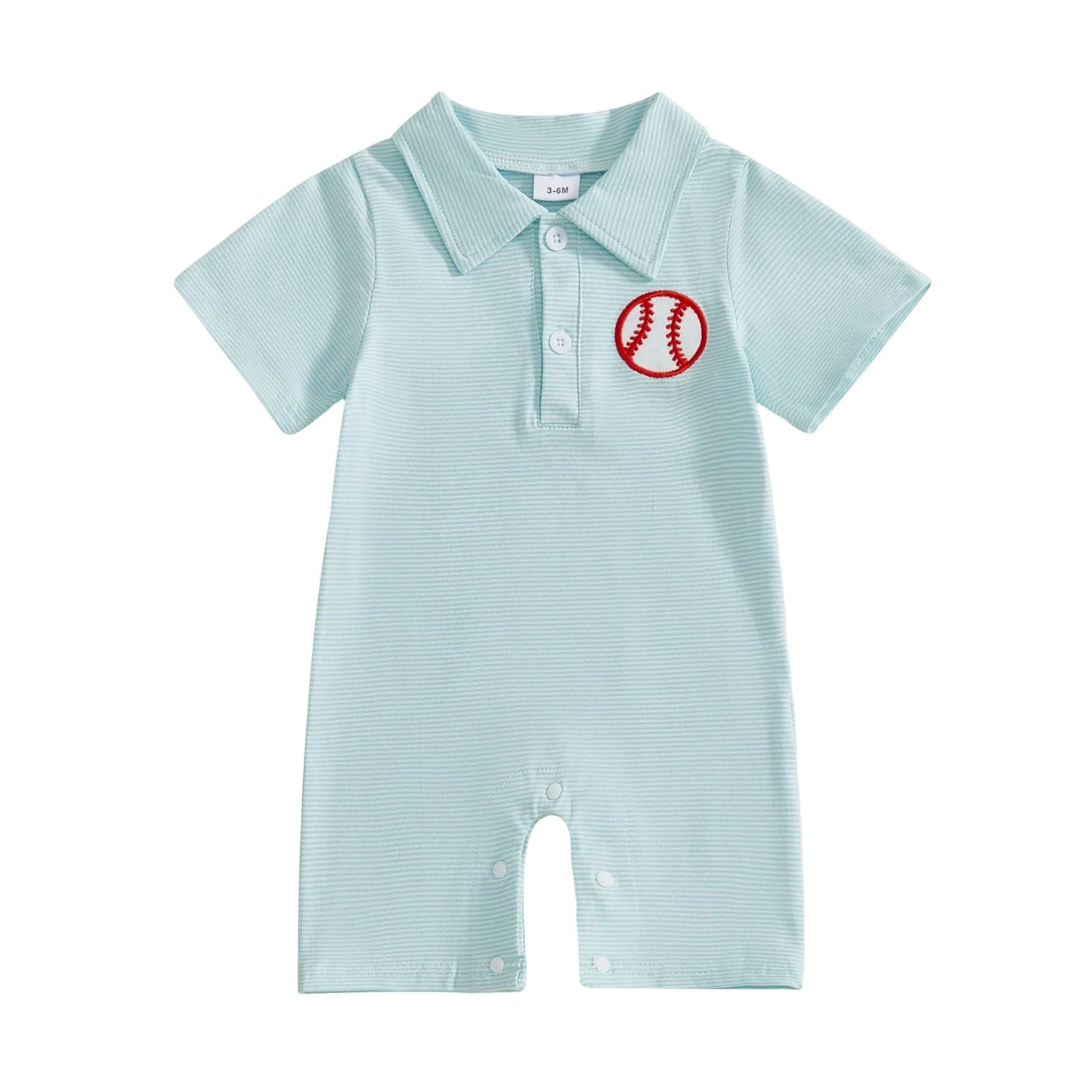 Baby Boy Romper Lapel Collar Short Sleeve Baseball Embroidery Upper Button Striped Jumpsuit