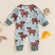 Load image into Gallery viewer, Baby Girls Boys Highland Cow Romper Print Long Sleeve Zipper Jumpsuit Fall Bodysuit
