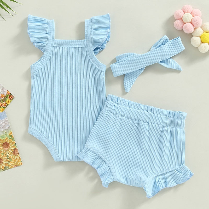 Baby Toddler Girls 3Pcs Flutter Sleeve Solid Romper Tops Drawstring Short Pants Headband Outfit