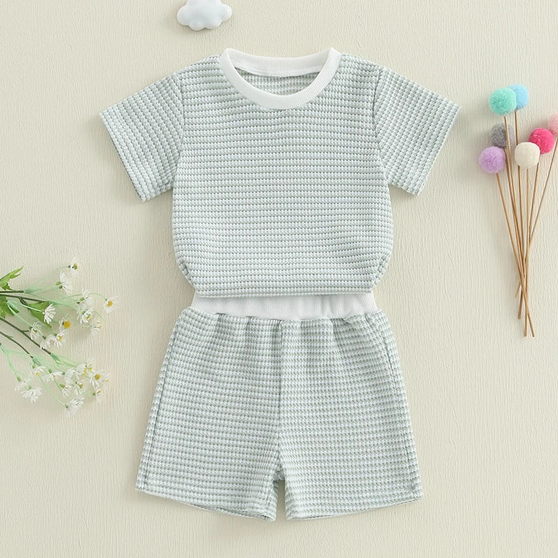 Baby Toddler Girl Boys 2Pcs Summer Outfit Waffle Striped Short Sleeve T-shirt Top Elastic Waist Shorts Set