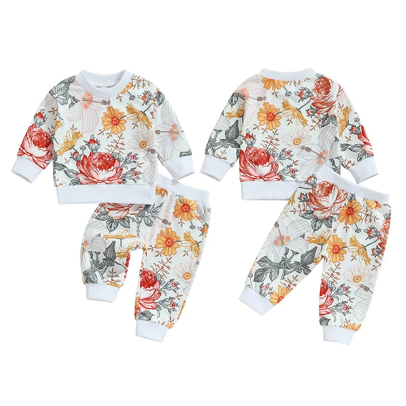 Baby Toddler Girls 2Pcs Fall Outfit Floral Flowers Print Long Sleeve Crewneck Top and Elastic Pants Set