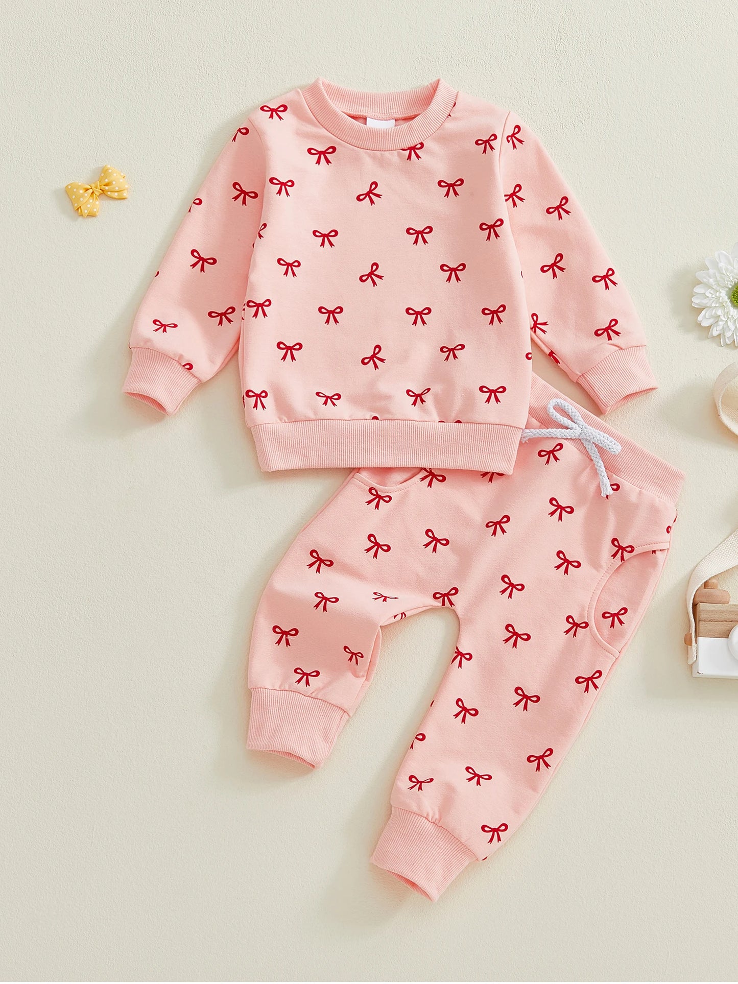 Baby Toddler Girl 2Pcs Fall Outfits Bow Print Long Sleeve Round Neck Pullover + Elastic Waist Long Pants 2Pcs Jogger Set