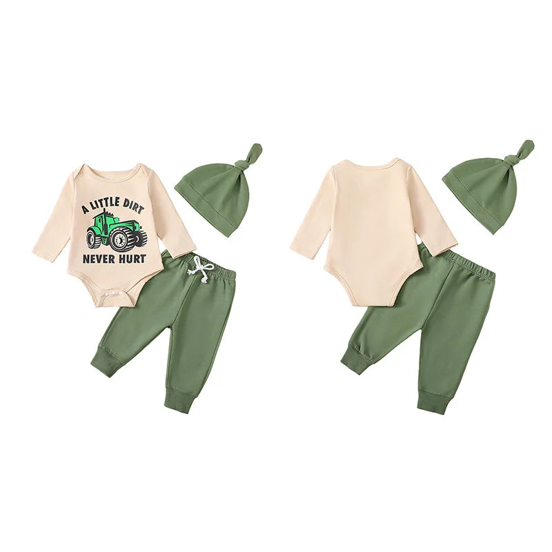 Baby Boys 3Pcs Fall Outfit A Little Dirt Never Hurt Tractor Print Long Sleeve Romper and Elastic Pants Beanie Hat Set