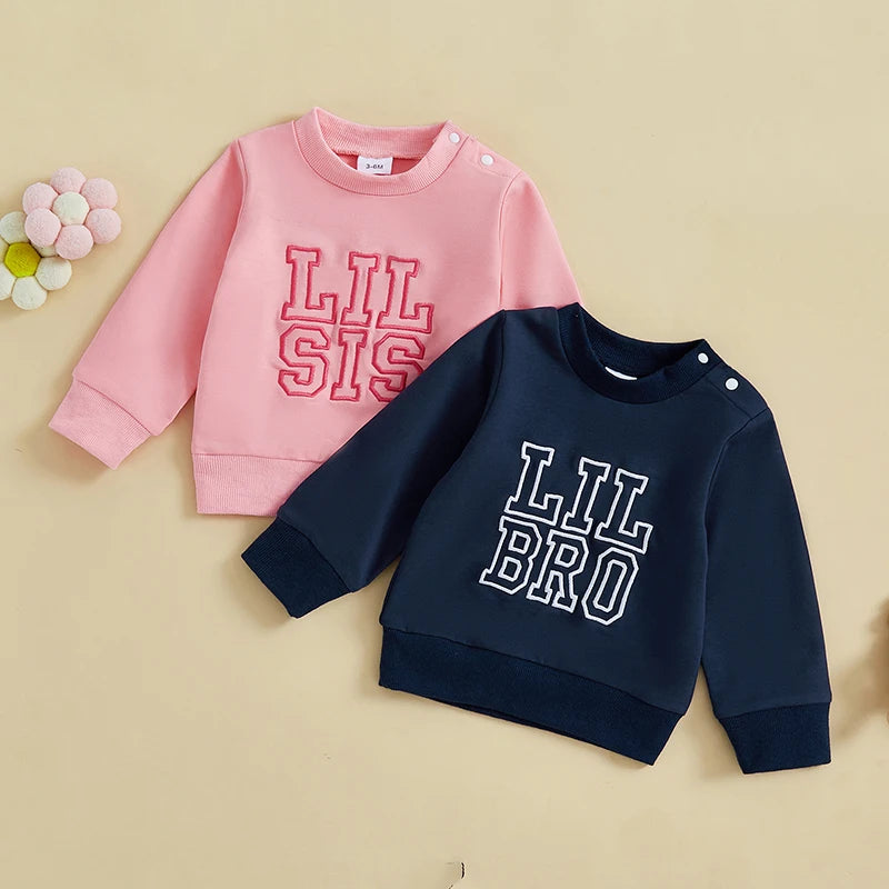 Baby Toddler Boys Girls Lil Sis/ Bro Long Sleeve Crewneck Top Words Letters Embroidered Sister Brother