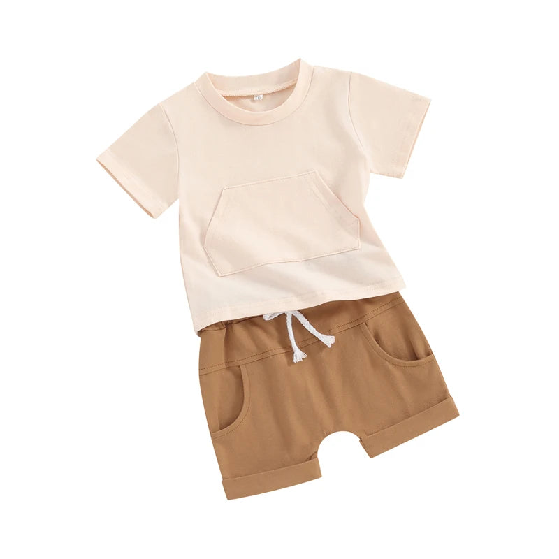 Baby Toddler Boy Girl 2Pcs Solid Clothes Set Short Sleeve Top with Pocket Shorts Outfit