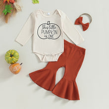 Load image into Gallery viewer, Baby Girls 3Pcs Halloween Clothes Pumpkin This Little Pumpkin is One Print Long Sleeves Bodysuit Romper Ribbed Flared Bell Bottom Pants Headband
