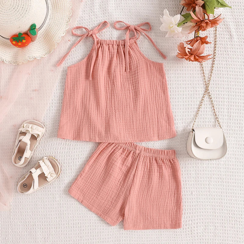 Toddler Baby Girl Summer Outfits Sleeveless Tie Strap Tank Tops + Shorts Set Clothes